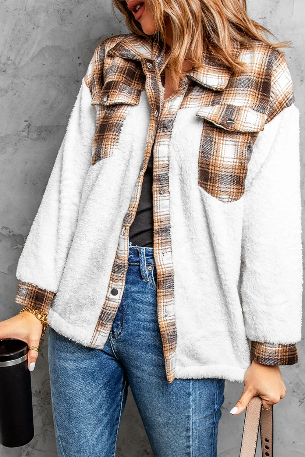 Plaid Buttoned Pocket Sherpa Jacket