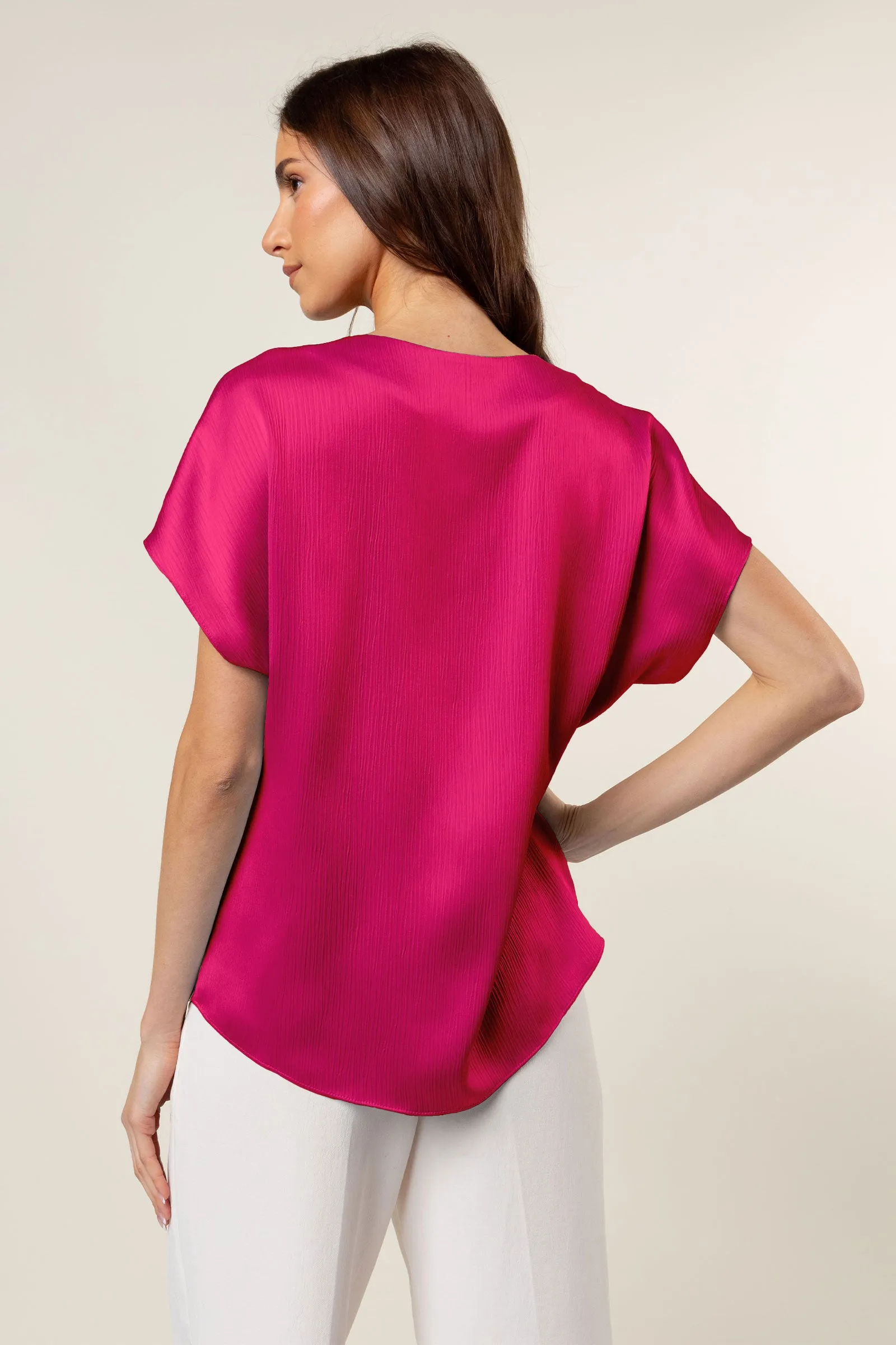 Pleated Cap Sleeve Blouse in Crinkle Satin