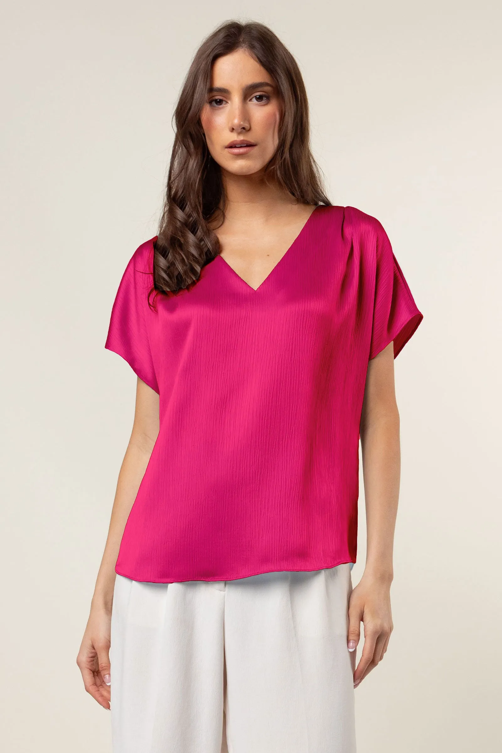 Pleated Cap Sleeve Blouse in Crinkle Satin