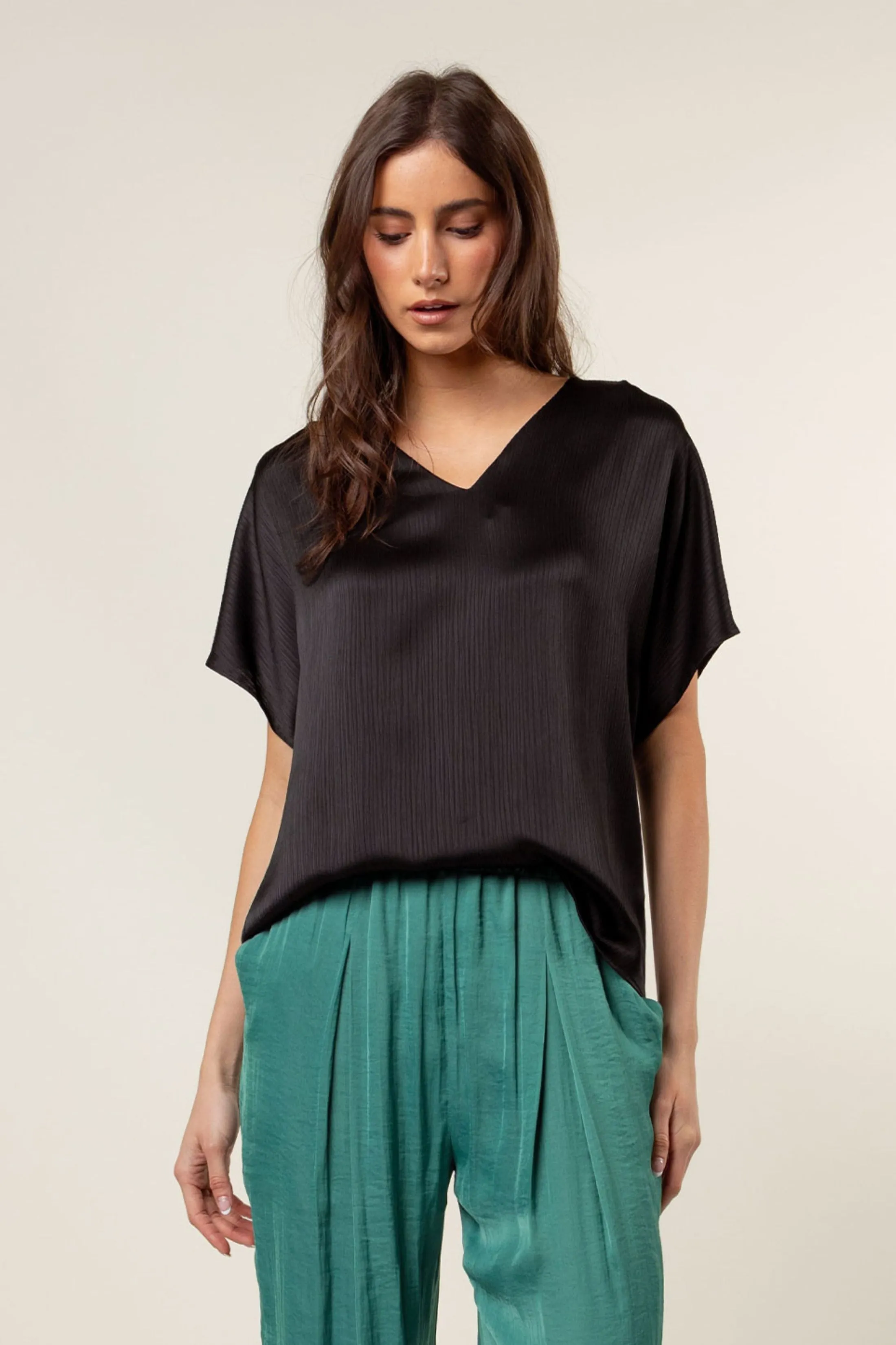 Pleated Cap Sleeve Blouse in Crinkle Satin