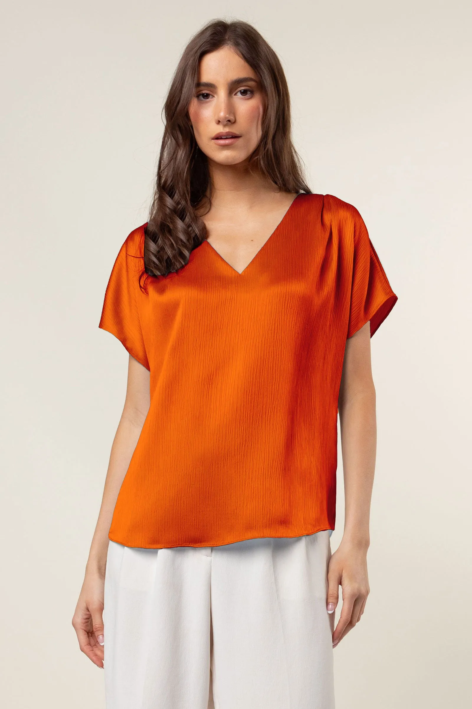 Pleated Cap Sleeve Blouse in Crinkle Satin
