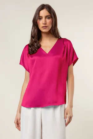 Pleated Cap Sleeve Blouse in Crinkle Satin