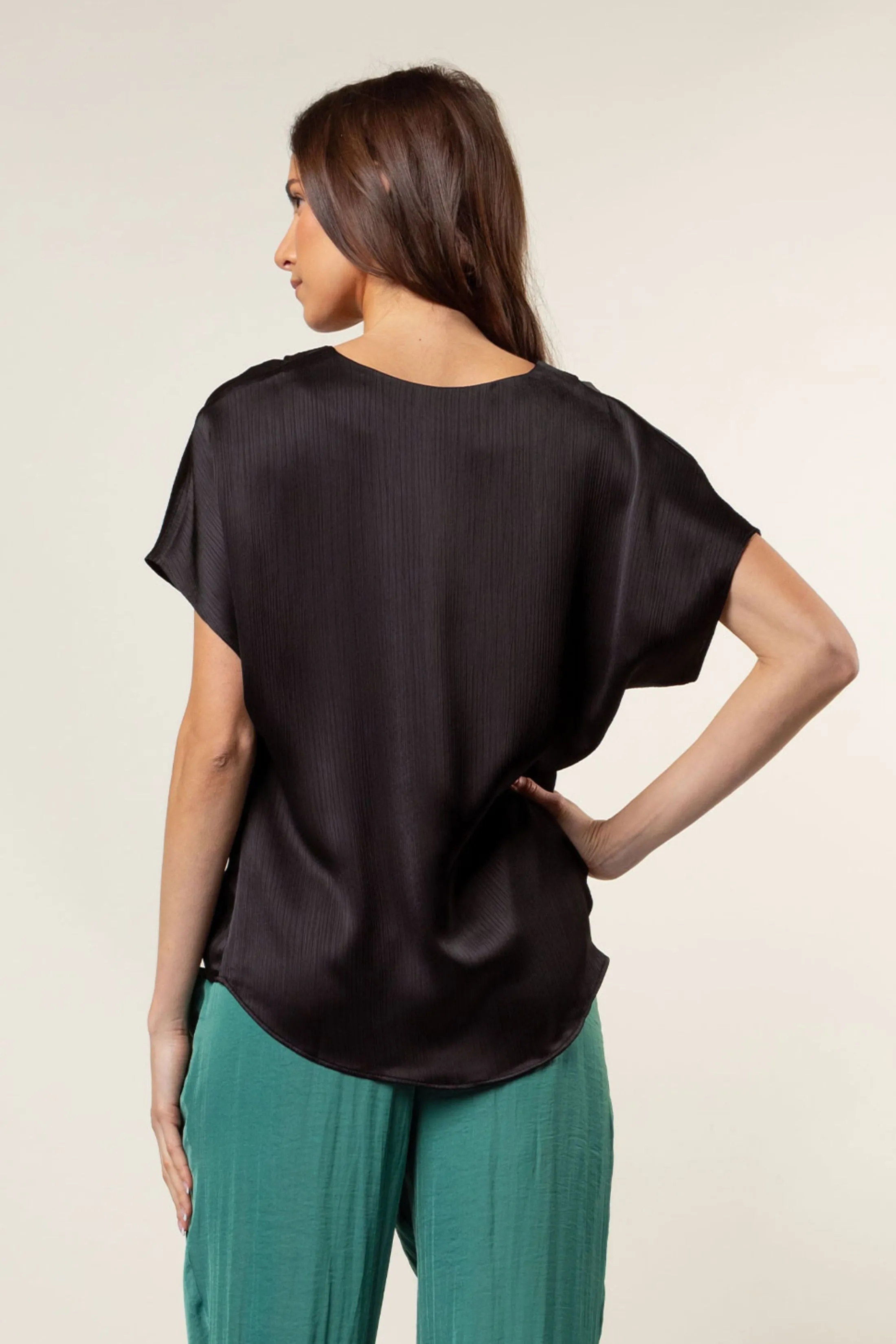 Pleated Cap Sleeve Blouse in Crinkle Satin