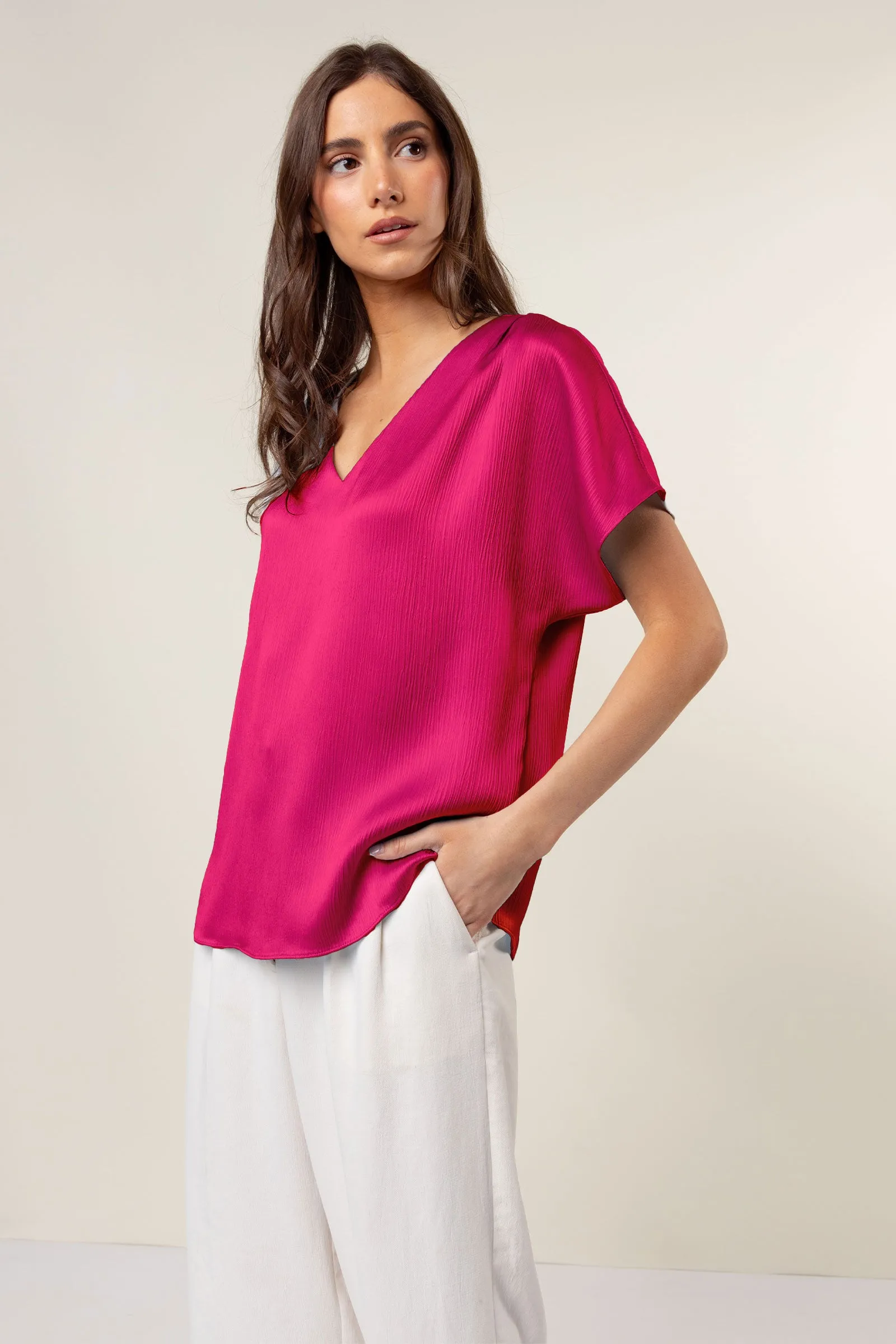 Pleated Cap Sleeve Blouse in Crinkle Satin