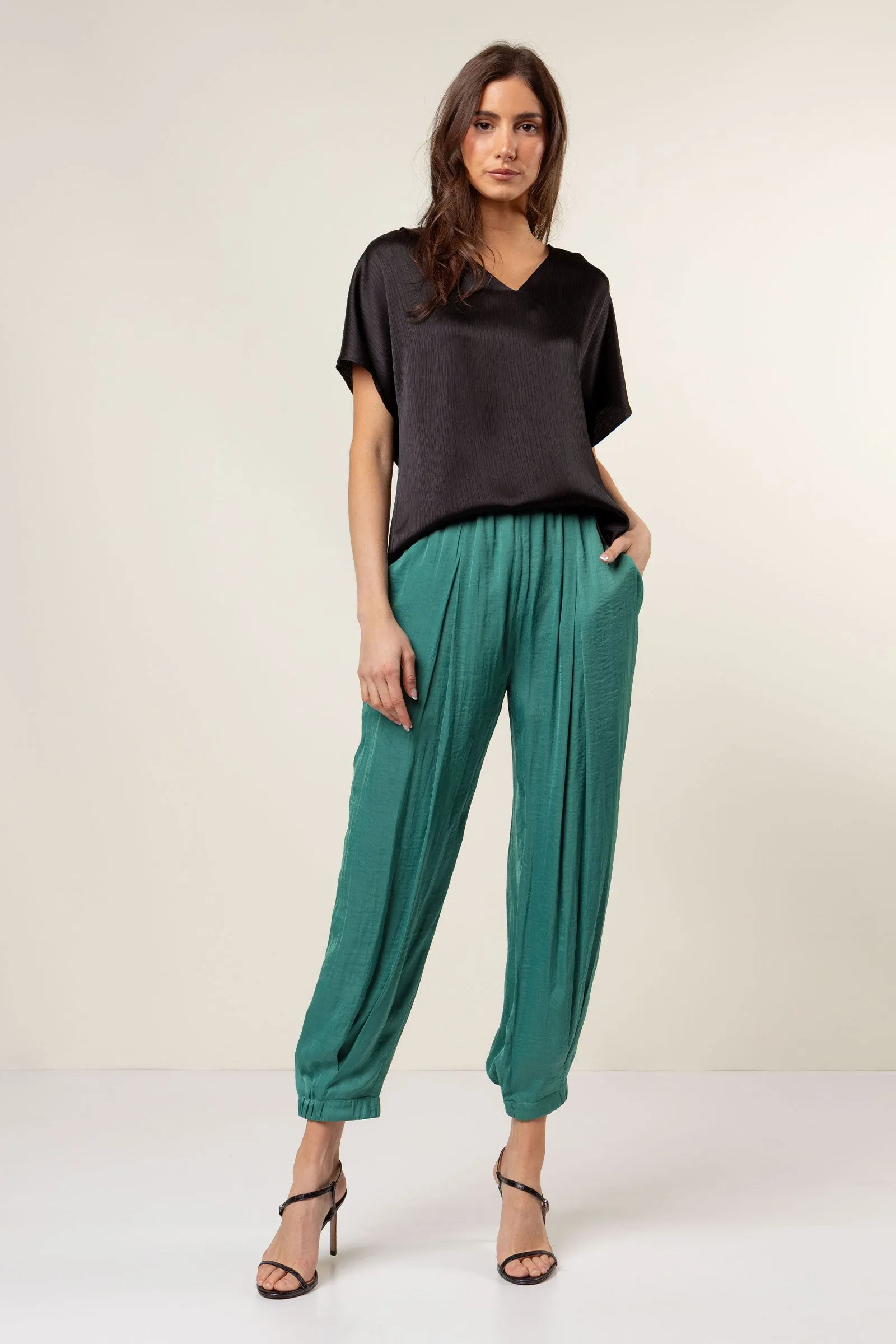 Pleated Cap Sleeve Blouse in Crinkle Satin