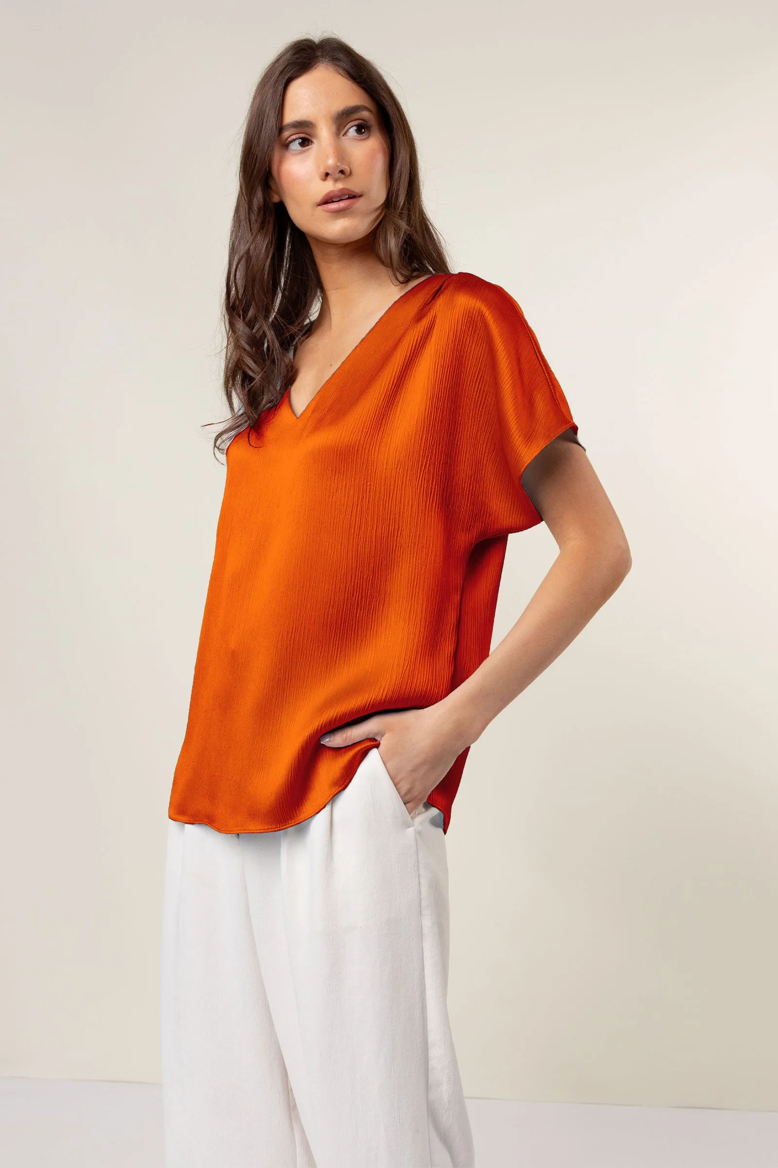 Pleated Cap Sleeve Blouse in Crinkle Satin