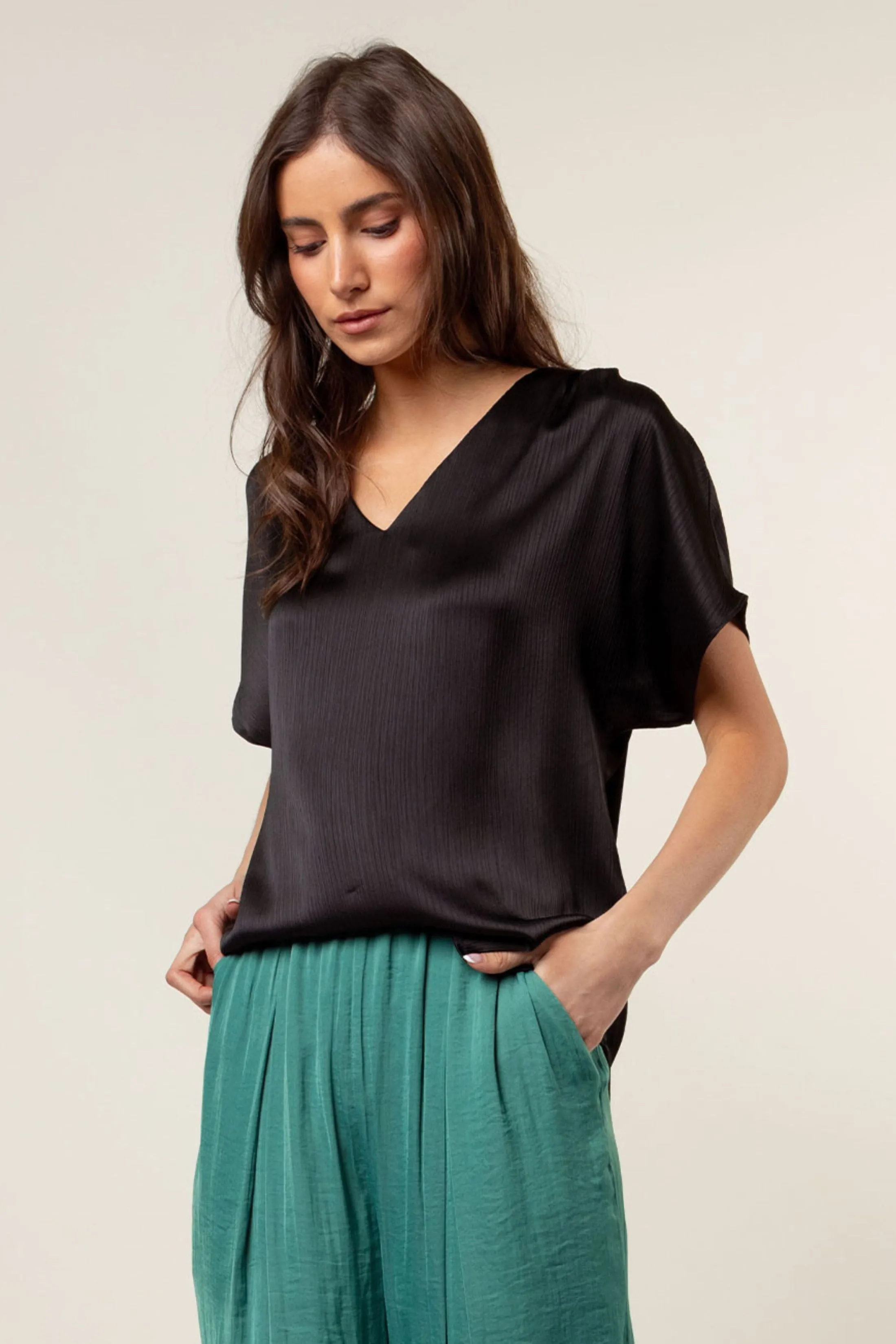Pleated Cap Sleeve Blouse in Crinkle Satin