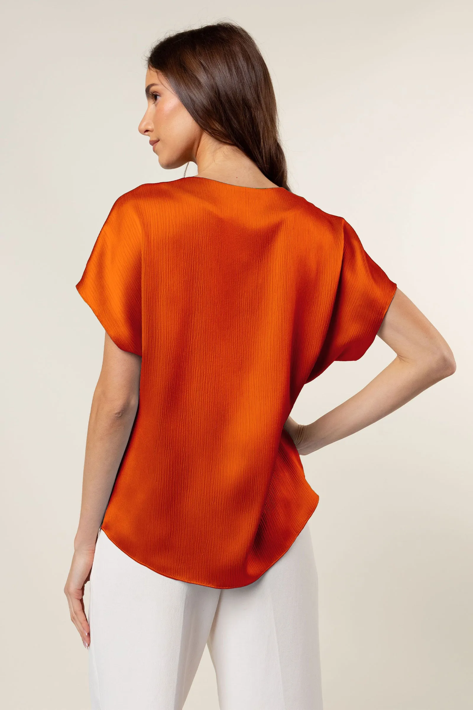 Pleated Cap Sleeve Blouse in Crinkle Satin