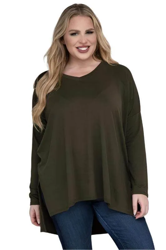 Plus Dolman Sleeve V-Neck Side Slit Hi-Low Hem Top