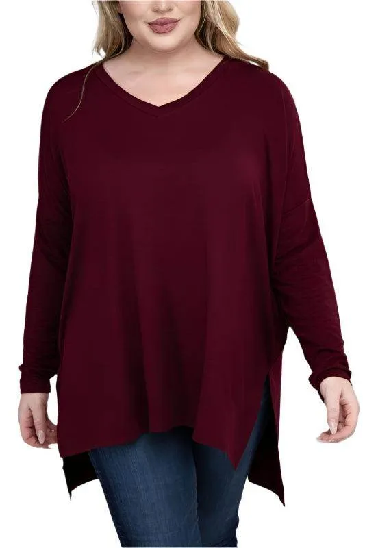Plus Dolman Sleeve V-Neck Side Slit Hi-Low Hem Top