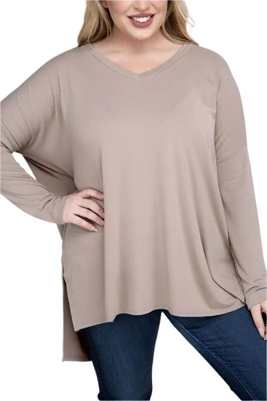 Plus Dolman Sleeve V-Neck Side Slit Hi-Low Hem Top