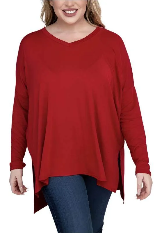 Plus Dolman Sleeve V-Neck Side Slit Hi-Low Hem Top