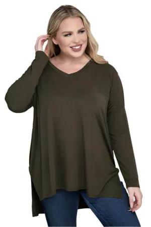 Plus Dolman Sleeve V-Neck Side Slit Hi-Low Hem Top