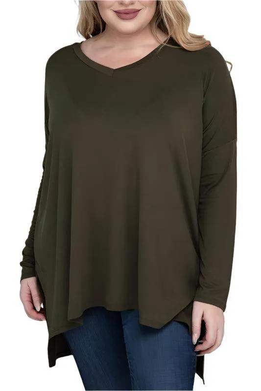 Plus Dolman Sleeve V-Neck Side Slit Hi-Low Hem Top