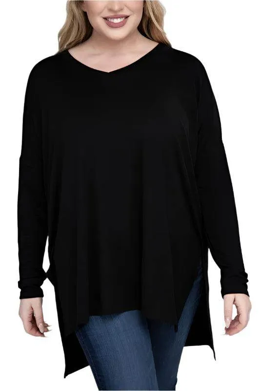 Plus Dolman Sleeve V-Neck Side Slit Hi-Low Hem Top