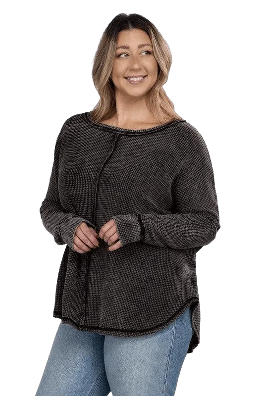 Plus Long Sleeve Cotton Waffle Knit Top