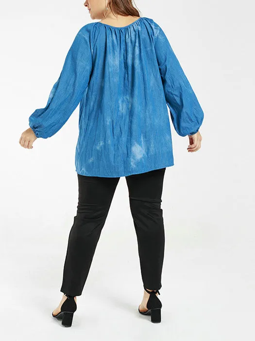 Plus Size Casual Lantern Sleeve Thin Denim Top