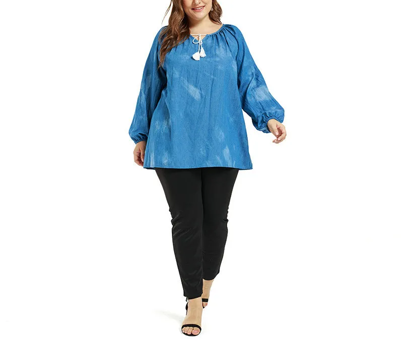 Plus Size Casual Lantern Sleeve Thin Denim Top