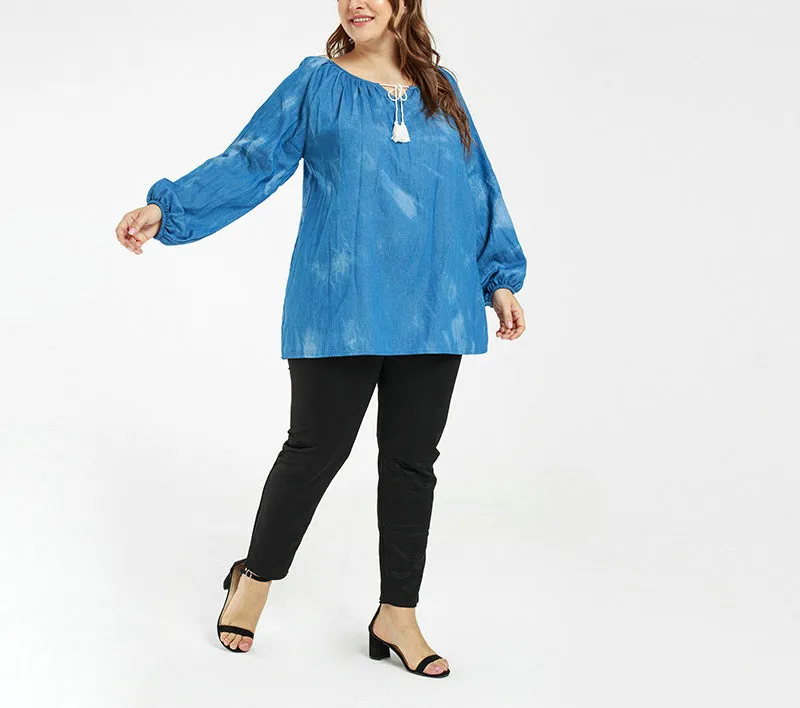 Plus Size Casual Lantern Sleeve Thin Denim Top