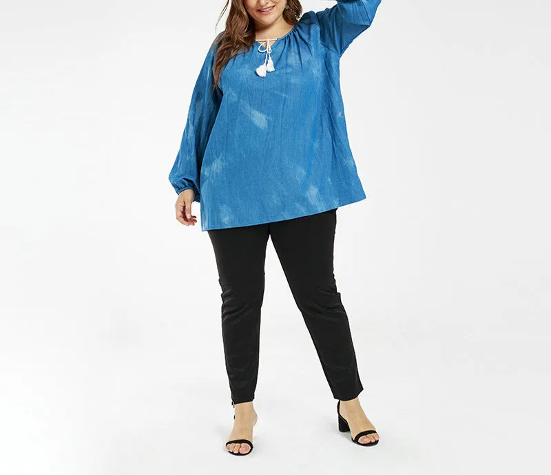 Plus Size Casual Lantern Sleeve Thin Denim Top