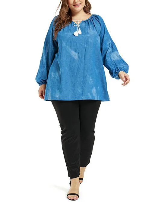 Plus Size Casual Lantern Sleeve Thin Denim Top