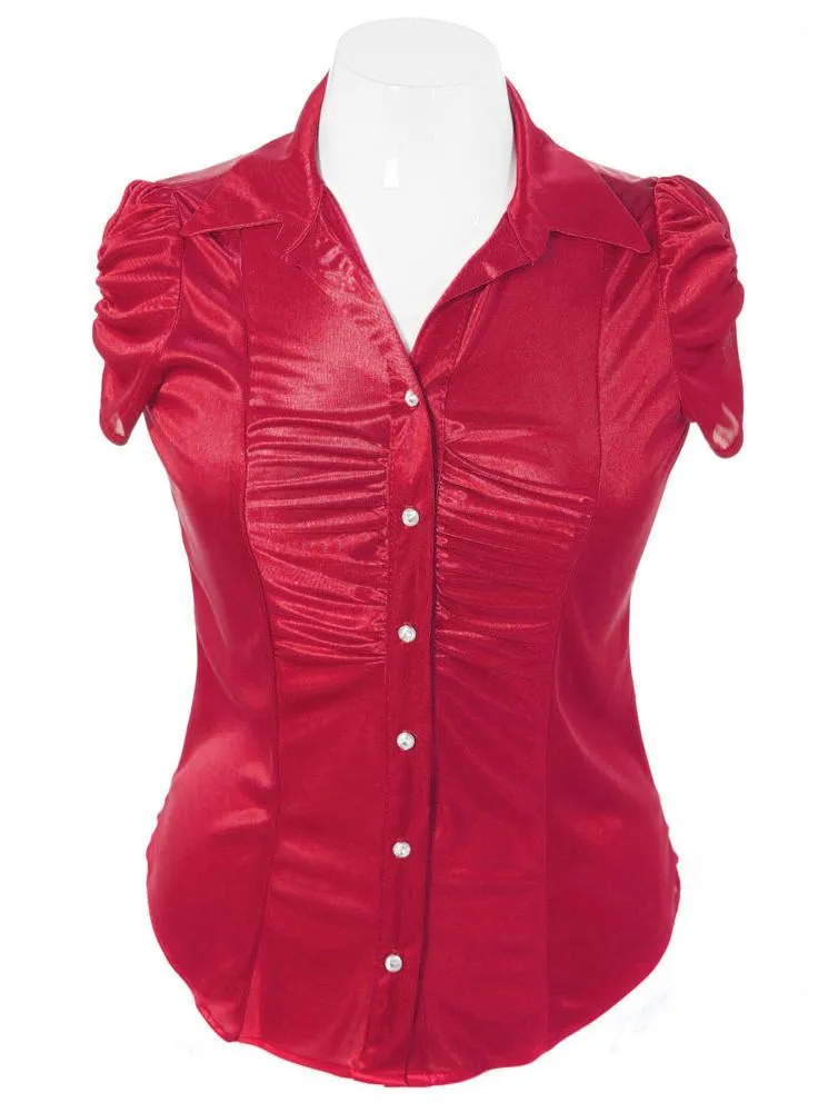 Plus Size Silky Diamond Button Red Blouse