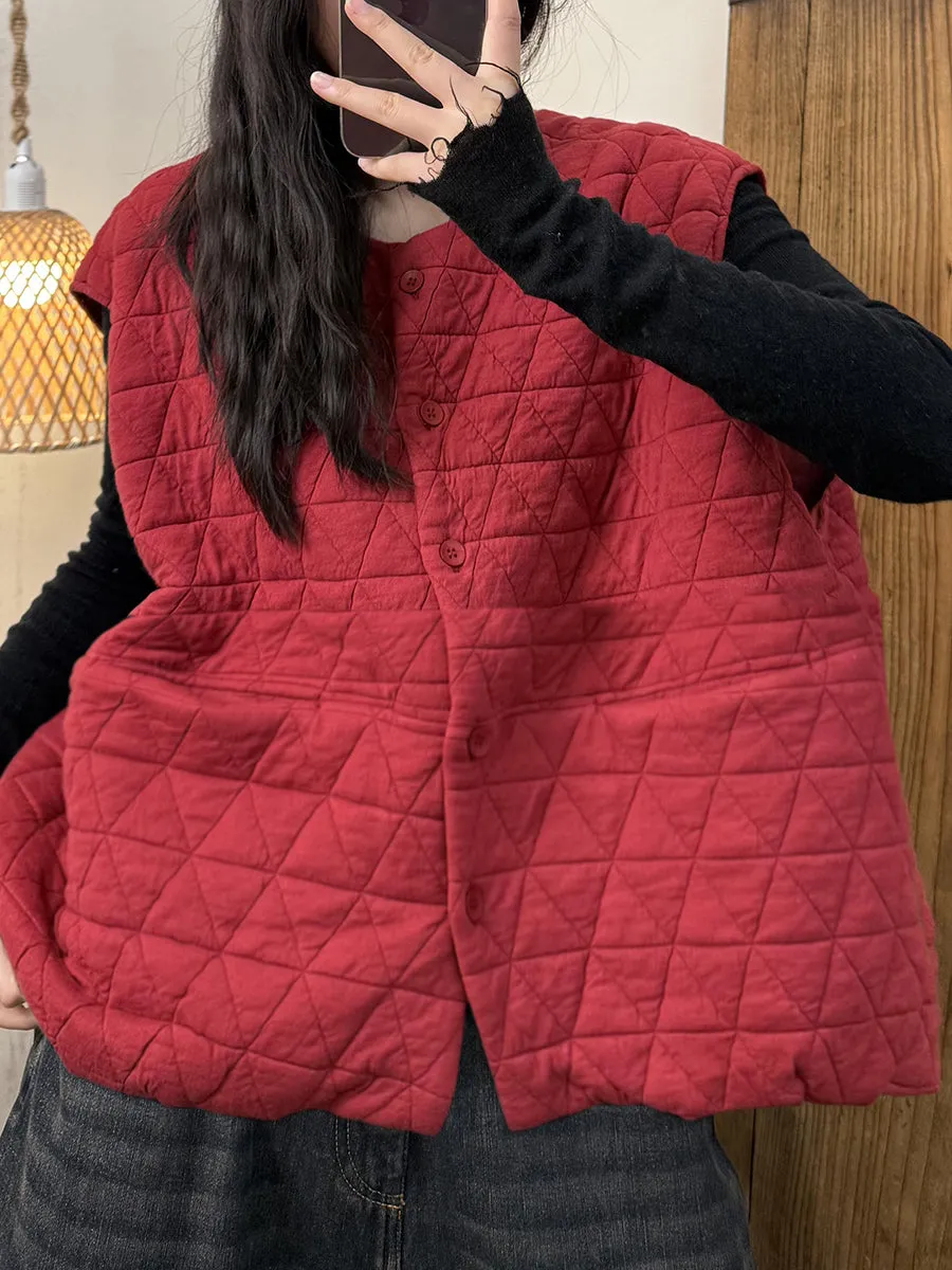 Plus Size Women Retro Solid Rhomboid O-Neck Vest Coat
