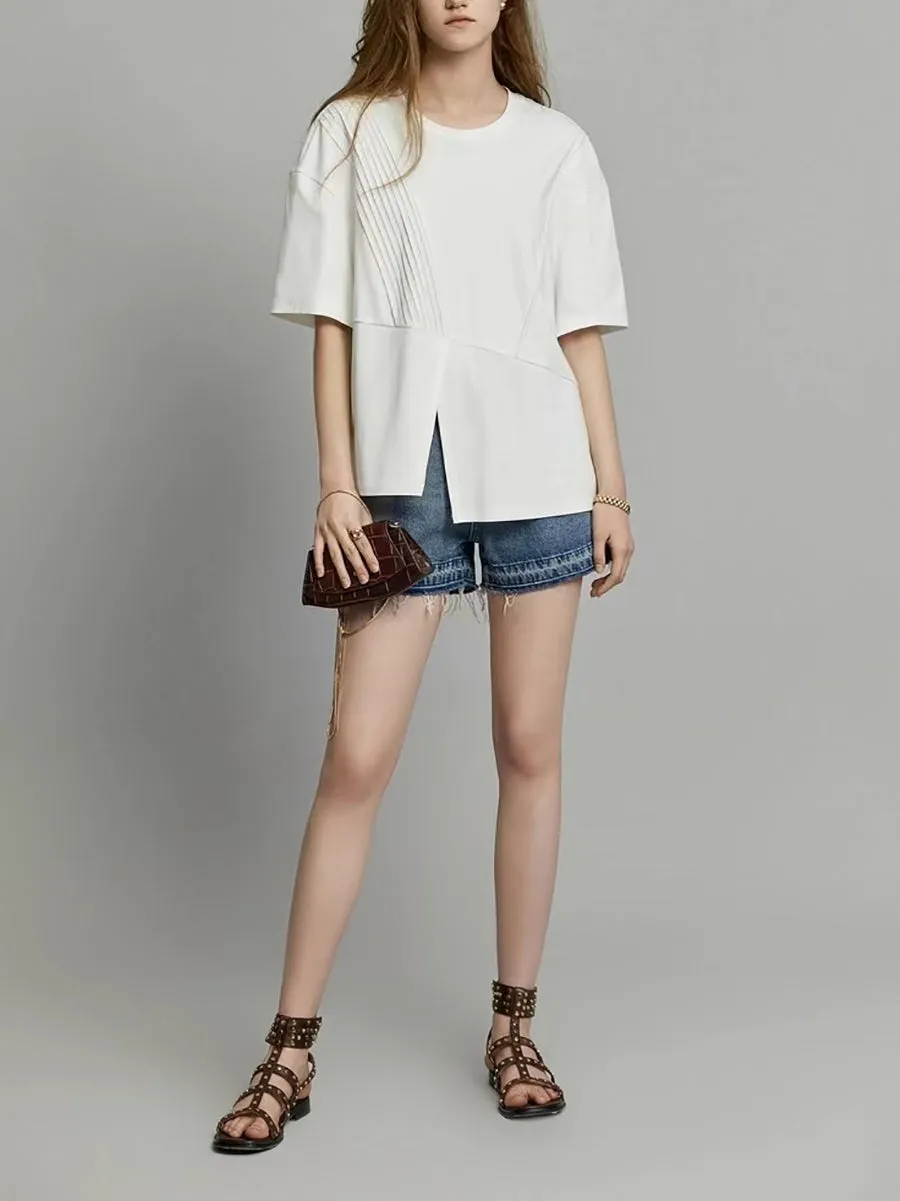 Plus Size Women Summer Casual Split Hem Pleat Spliced Solid Shirt
