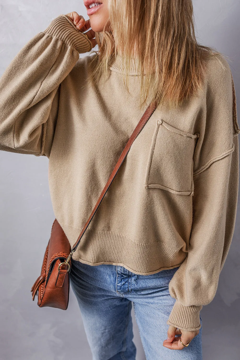 Pocket Exposed Seam Loose Sweater