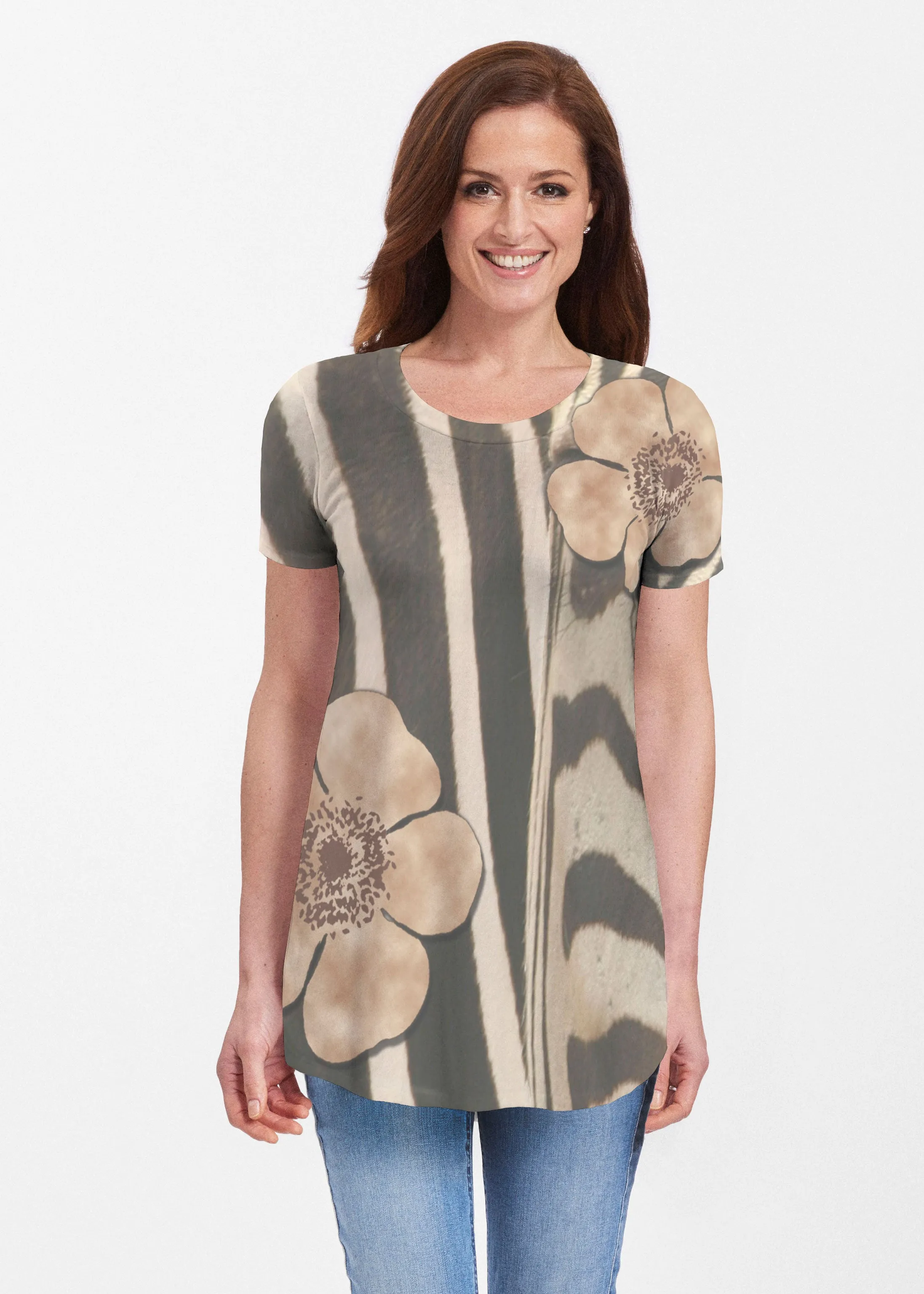 Poppy Zebra (7022) ~ Signature Short Sleeve Scoop Neck Flowy Tunic