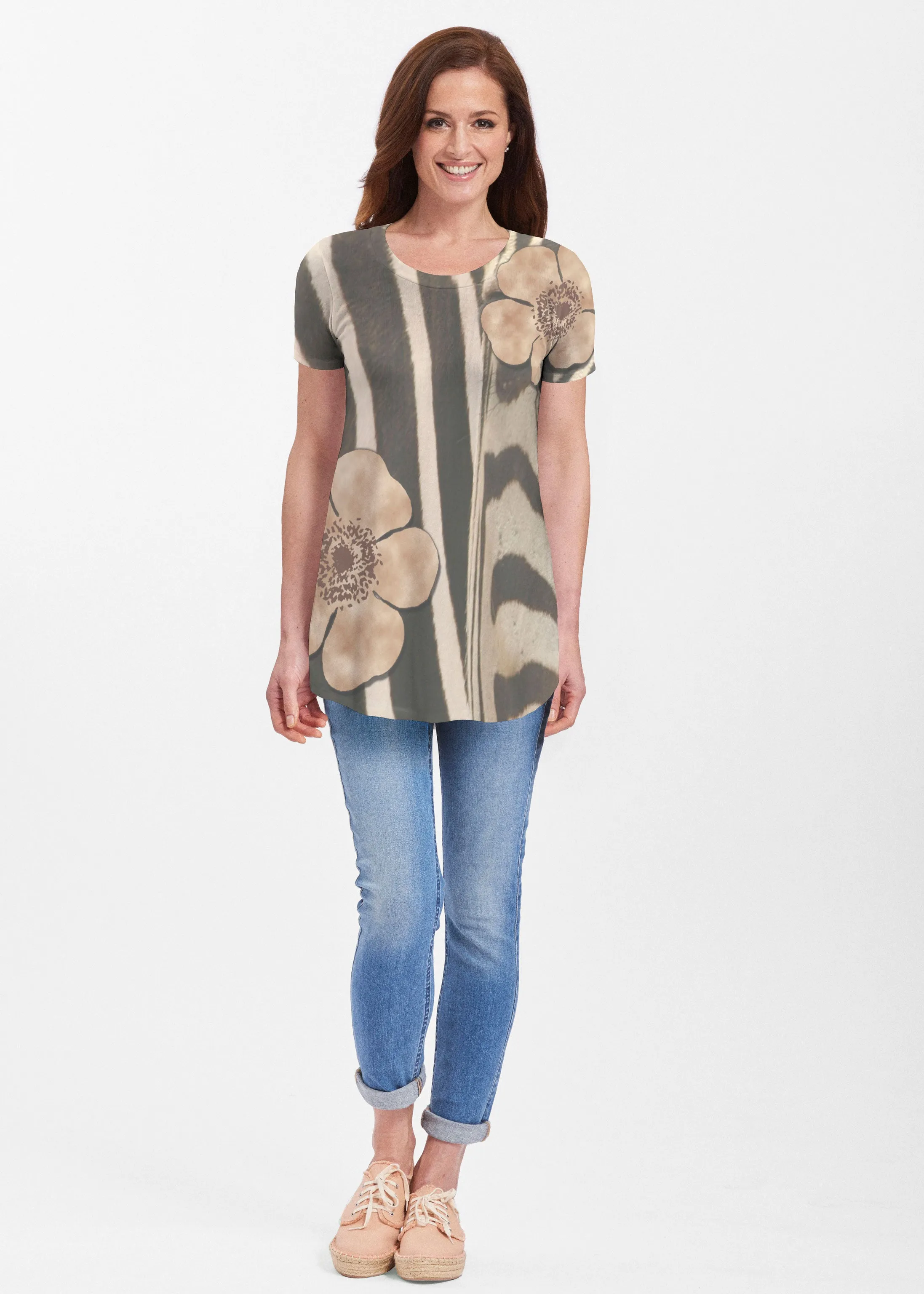 Poppy Zebra (7022) ~ Signature Short Sleeve Scoop Neck Flowy Tunic