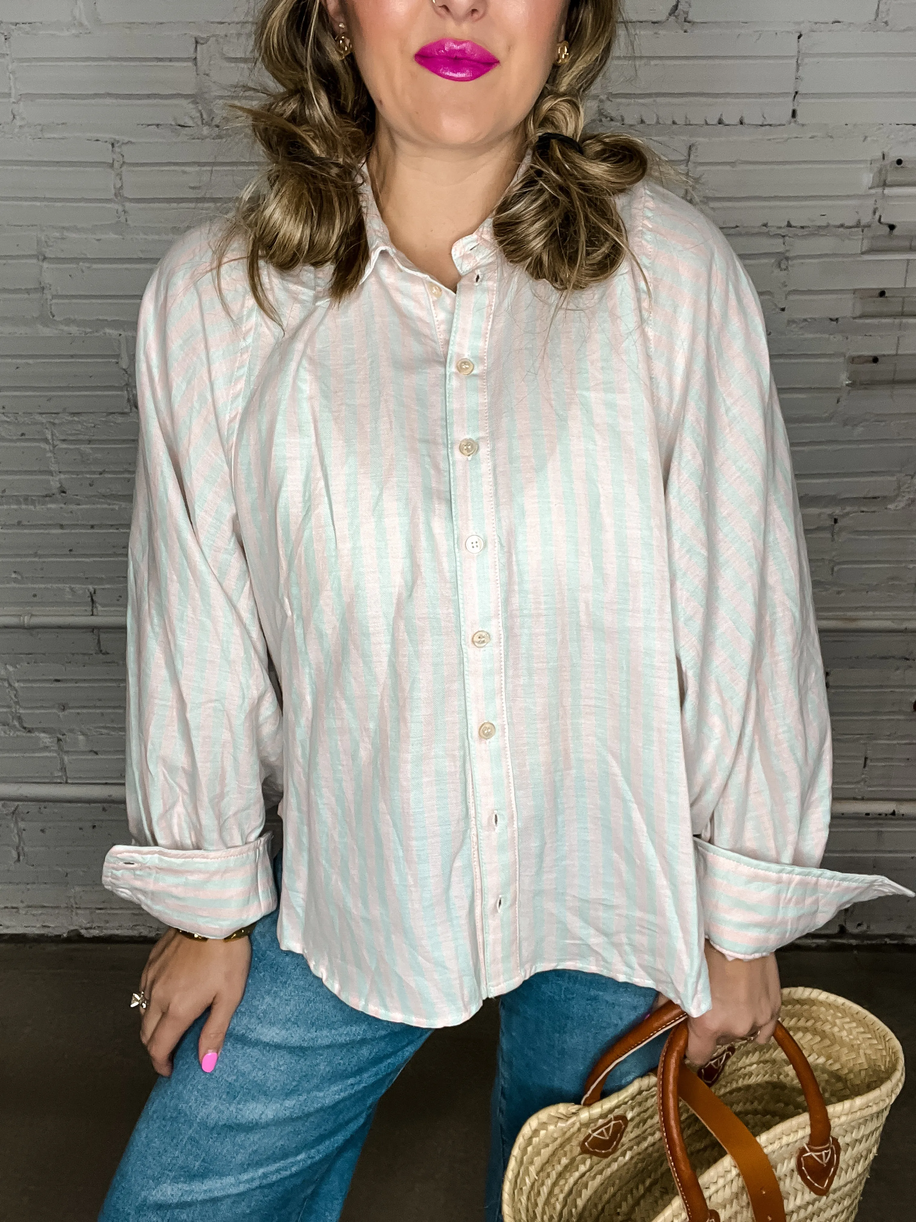 Preppy Girl Striped Button Down Top - Pink   Blue