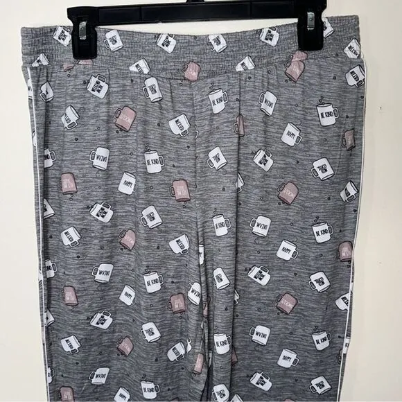 RAE DUNN. L Heather Gray White Mauve Black Mug Heart Messages Print PJ Set