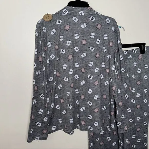 RAE DUNN. L Heather Gray White Mauve Black Mug Heart Messages Print PJ Set