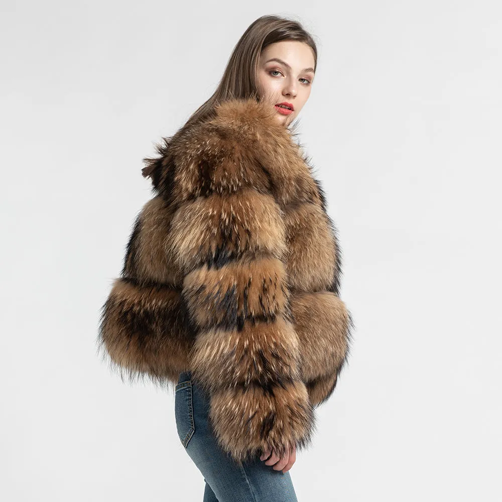 Real Raccoon Fur Coat  Winter Natural Fur Jacket Thick Warm Outerwear