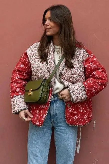 Red Floral Cotton Padded Short Coat