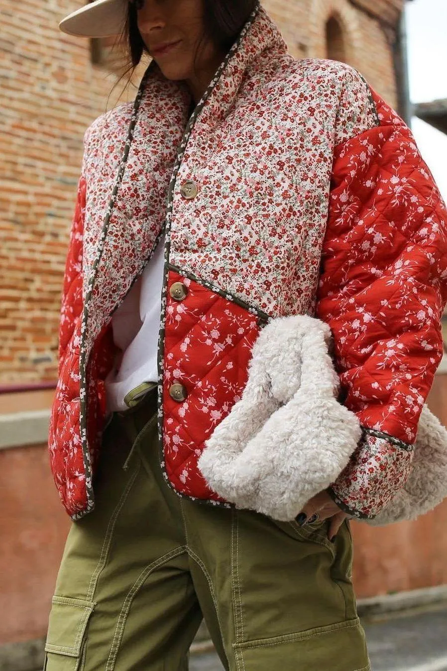 Red Floral Cotton Padded Short Coat