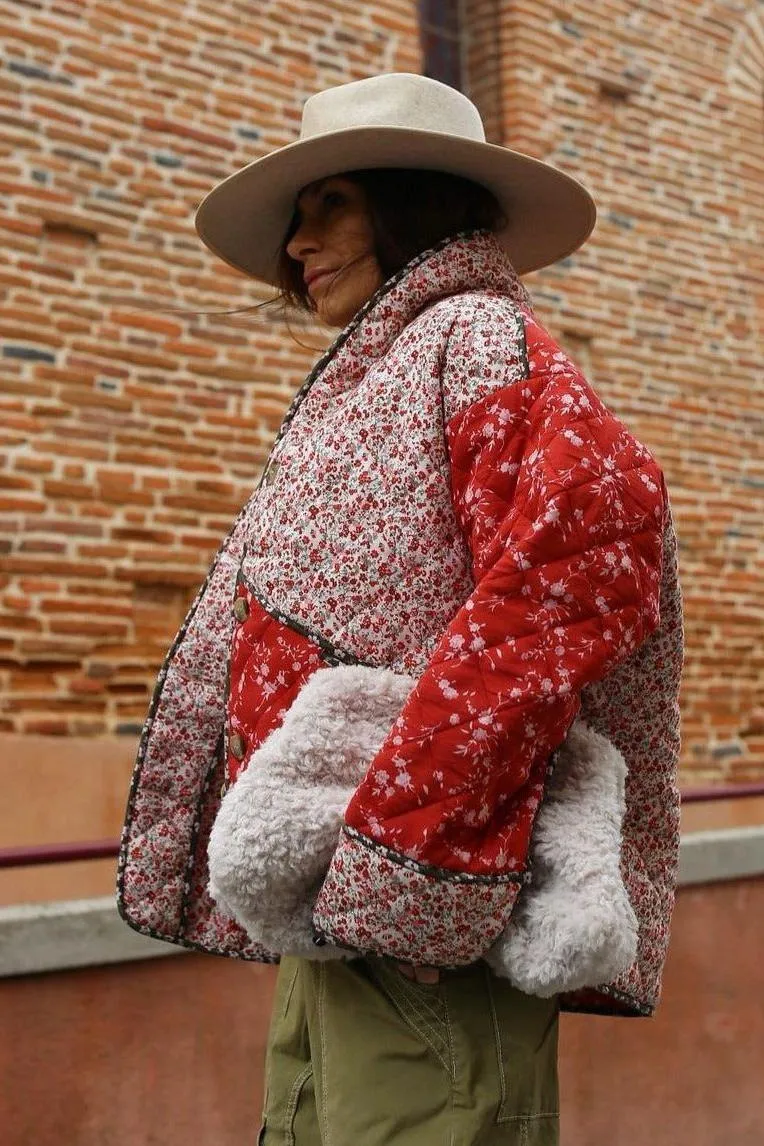 Red Floral Cotton Padded Short Coat