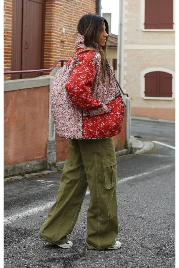 Red Floral Cotton Padded Short Coat