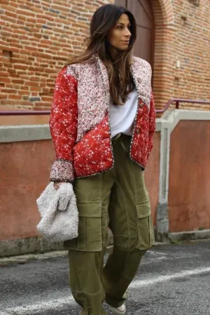 Red Floral Cotton Padded Short Coat