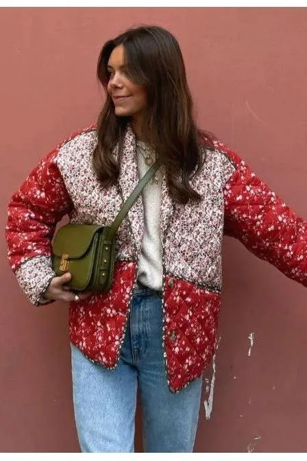 Red Floral Cotton Padded Short Coat