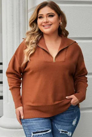Ribbed Trim Plus Size Zip Collar Sweater