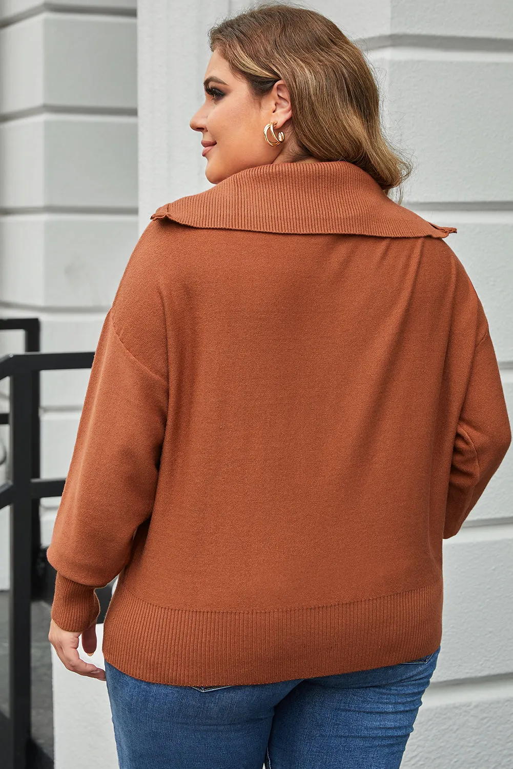Ribbed Trim Plus Size Zip Collar Sweater