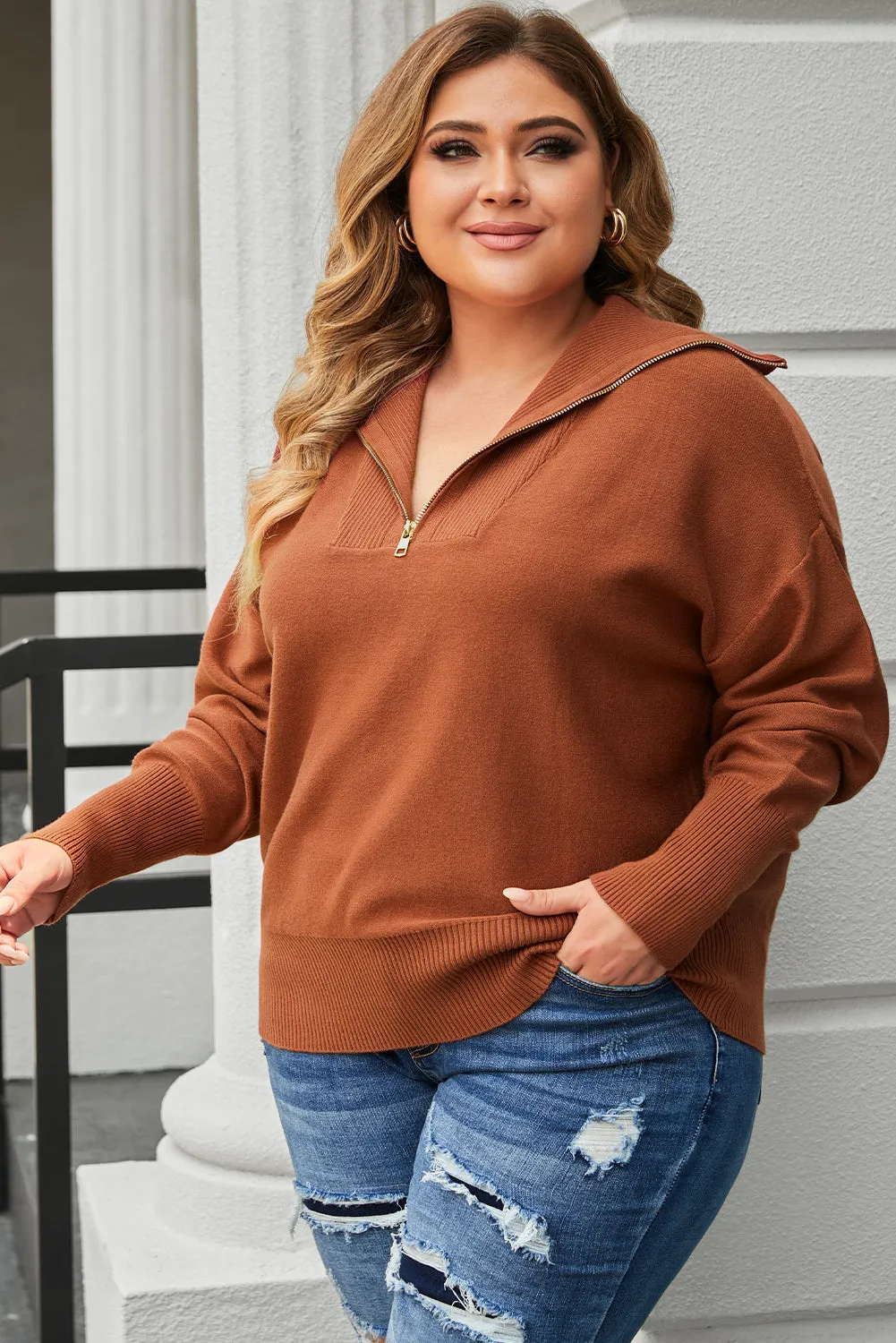 Ribbed Trim Plus Size Zip Collar Sweater