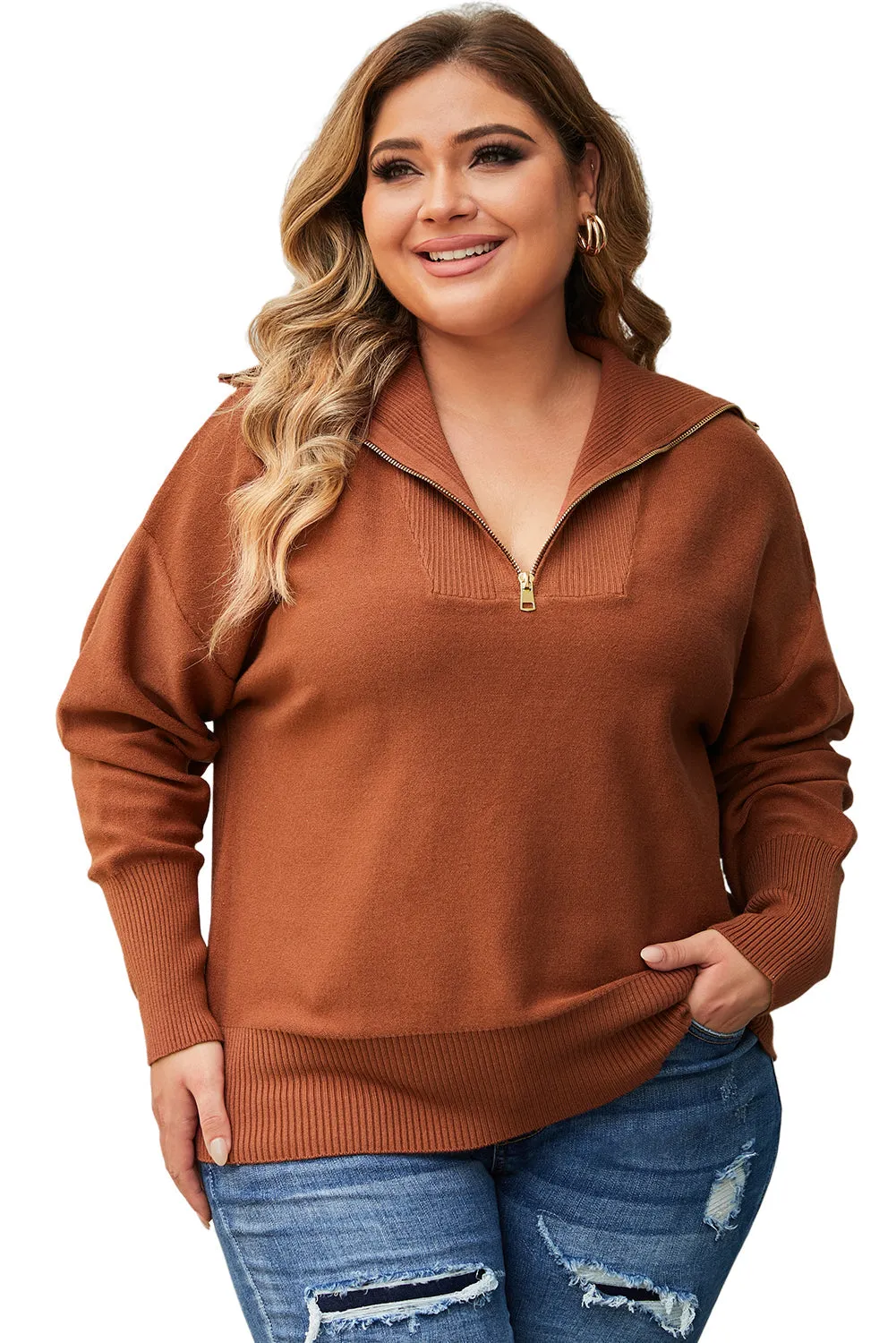 Ribbed Trim Plus Size Zip Collar Sweater