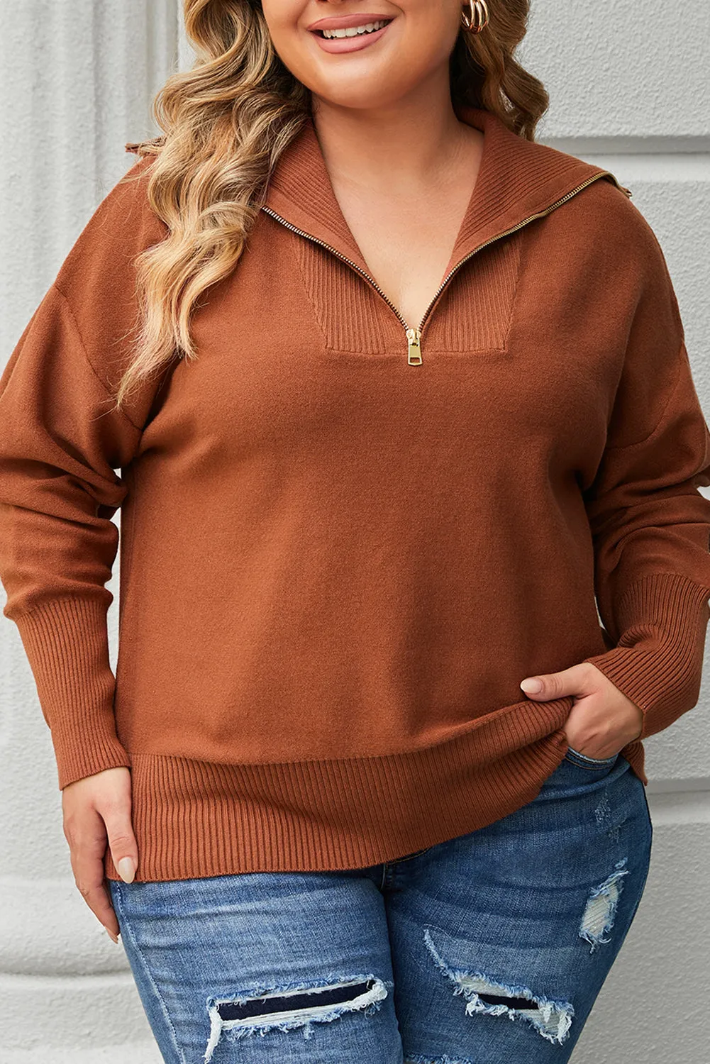 Ribbed Trim Plus Size Zip Collar Sweater