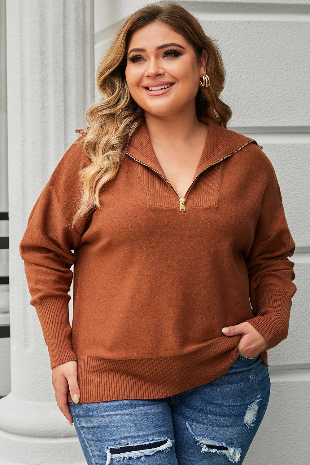 Ribbed Trim Plus Size Zip Collar Sweater
