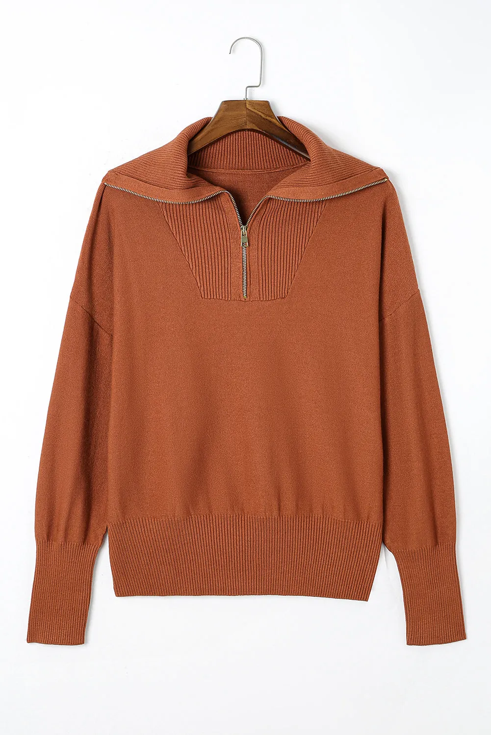 Ribbed Trim Plus Size Zip Collar Sweater