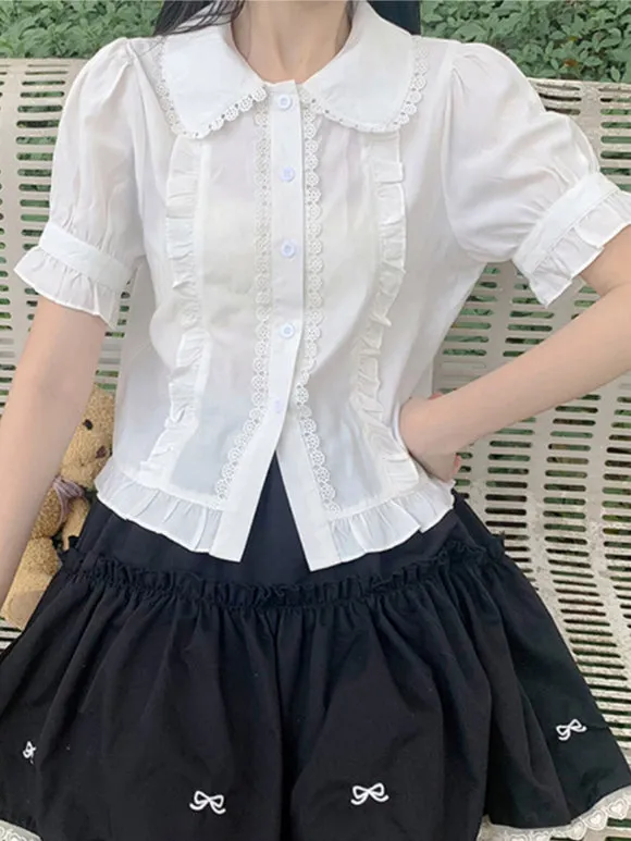 ROCOCO Style Lolita Blouses White Short Sleeves Ruffles Lolita Top Lolita Shirt