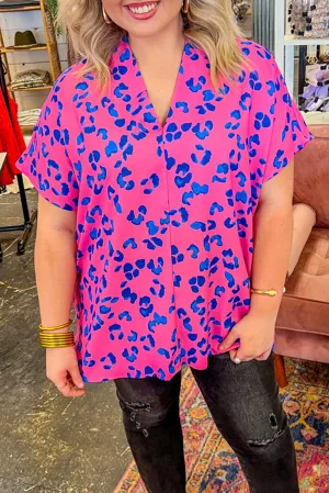 Rose Contrast Leopard Print Plus Size V Neck Blouse